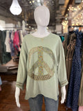 Easel Sage 3/4 Sleeve Peace Patch Loose Fit Top - Regular Sizes