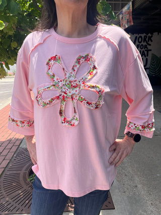Easel Mist Pink 3/4 Sleeve Flower Patch Terry Knit Top