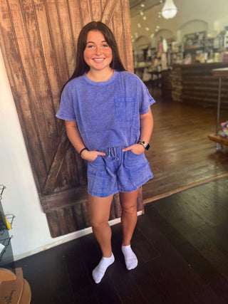 Easel Paris Blue Short Sleeve Mineral Washed Top - Regular Sizes