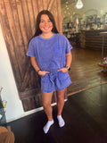 Easel Paris Blue Short Sleeve Mineral Washed Top - Regular Sizes