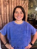 Easel Paris Blue Short Sleeve Mineral Washed Top - Regular Sizes