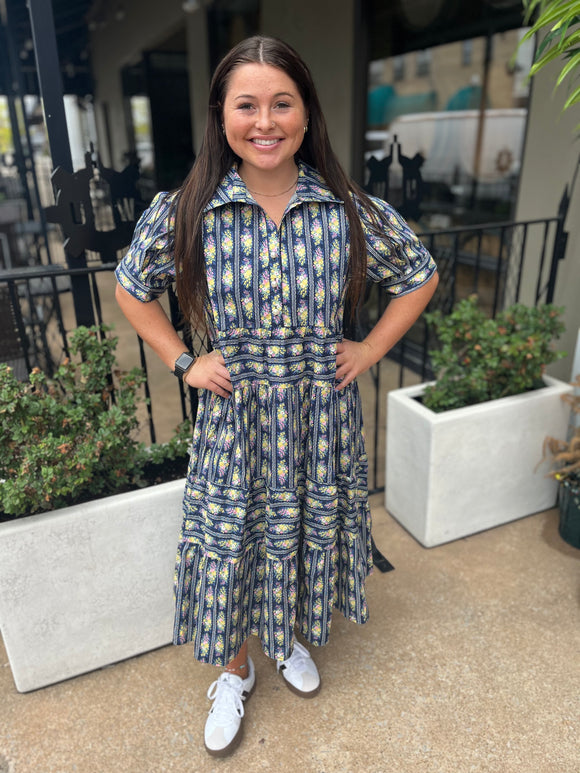 Umgee Navy Mix Basket Flower Print Tiered Midi Dress - Regular Sizes