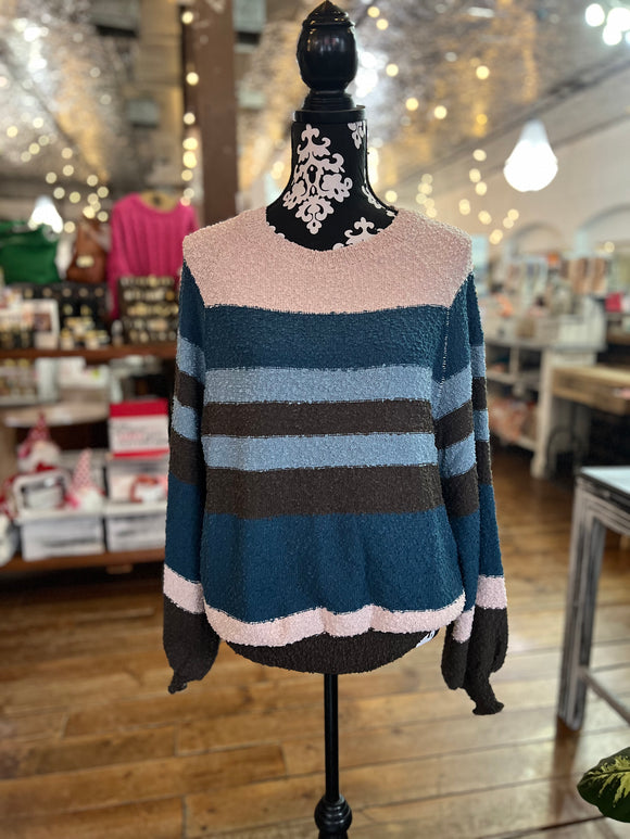 Umgee Taupe/Teal Stripe Sweater