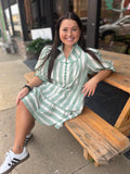Umgee Green Stripe High Ruffled Neck Mini Dress With Round Yoke Piping - Regular Sizes