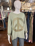 Easel Sage 3/4 Sleeve Peace Patch Loose Fit Top - Regular Sizes