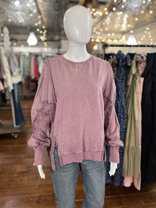 Easel Violet Long Sleeve Lace Mix Mineral Washed Top - Regular Sizes