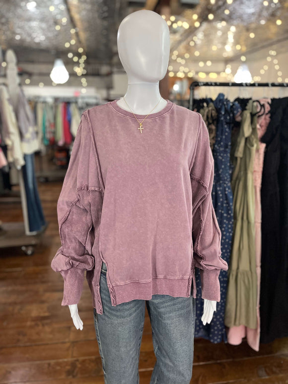 Easel Violet Long Sleeve Lace Mix Mineral Washed Top - Regular Sizes