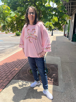 Easel Mist Pink 3/4 Sleeve Flower Patch Terry Knit Top