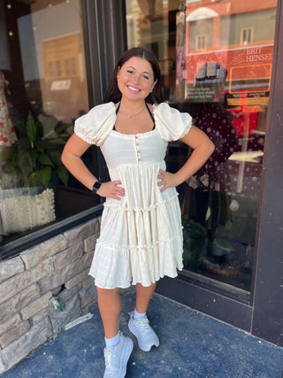 Easel Ivory Puff Sleeve Tiered Dress - Regular Sizes