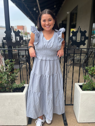 Umgee Blue Grey V Neck Smocking Waist Ruffle Midi Dress - Regular Sizes
