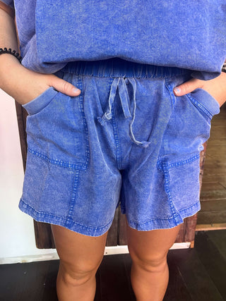 Easel Paris Blue Mineral Washed Woven Shorts - Regular Sizes