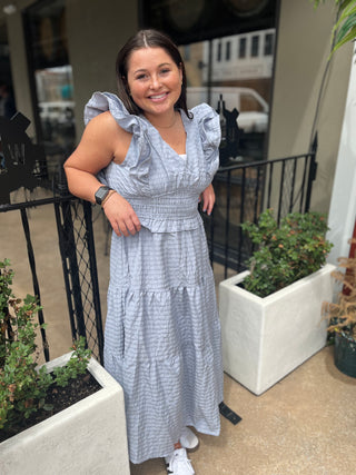 Umgee Blue Grey V Neck Smocking Waist Ruffle Midi Dress - Regular Sizes