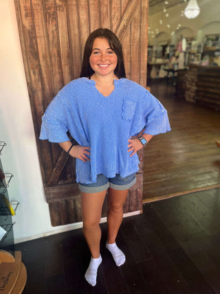 Easel Peri Blue Short Sleeve Mineral Washed Top - Regular Sizes