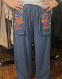 Umgee Slate Blue Embroidery Elastic Waistband Pants