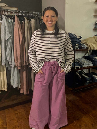Easel Wild Berry Mineral Washed Wide Leg Terry Knit Palazzo Pants - Plus Sizes