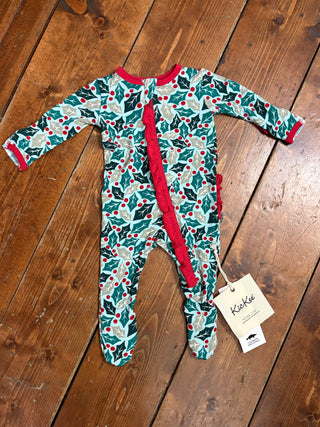 KicKee Spring Sky Holly Print Layette Ruffle Footie with 2 Way Zipper