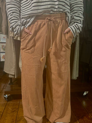 Easel Red Bean Washed Terry Knit Wide Leg Pants - Plus Sizes