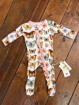 KicKee Pants Botanical Butterflies Layette Ruffle Footie with 2-Way Zipper
