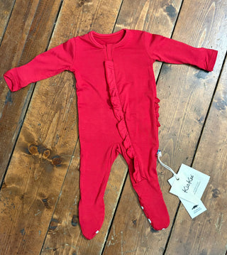 KicKee Crimson Layette Ruffle Footie with 2 Way Zipper