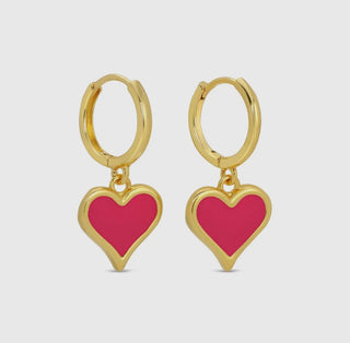 Splendid Iris Earrings - Plain Huggies with Colorful Heart Drop, Bright Pink, Gold