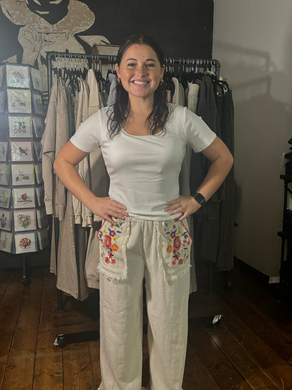 Umgee Oatmeal Embroidery Elastic Waistband Pants