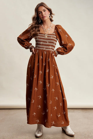 Listicle Caramel Bow Smocked Maxi Dress