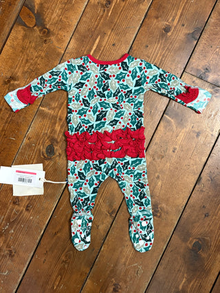 KicKee Spring Sky Holly Print Layette Ruffle Footie with 2 Way Zipper
