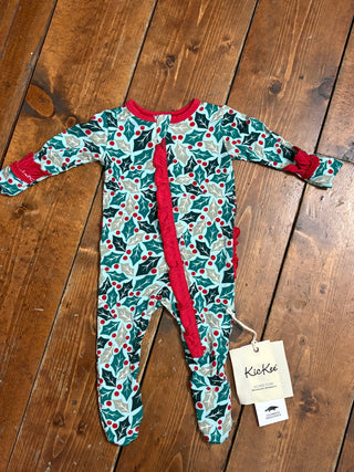 KicKee Spring Sky Holly Print Layette Ruffle Footie with 2 Way Zipper