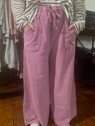 Easel Wild Berry Mineral Washed Wide Leg Terry Knit Palazzo Pants - Plus Sizes