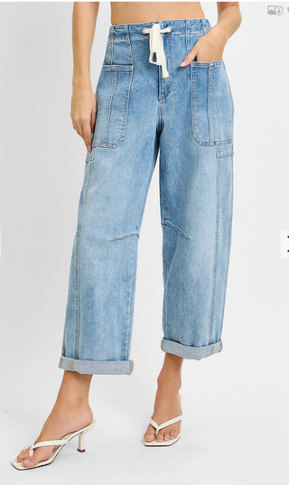 Risen High Rise Cargo Pocket Wide Barrel Leg Cuffed Pants