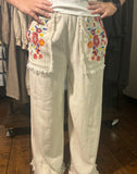 Umgee Oatmeal Embroidery Elastic Waistband Pants