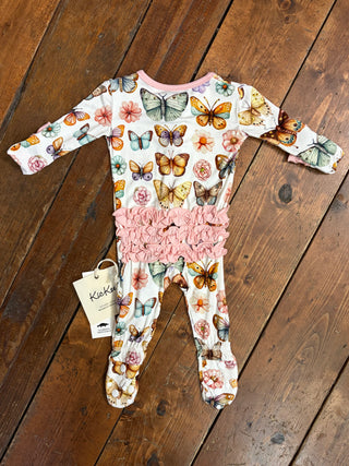 KicKee Pants Botanical Butterflies Layette Ruffle Footie with 2-Way Zipper