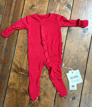 KicKee Crimson Layette Ruffle Footie with 2 Way Zipper