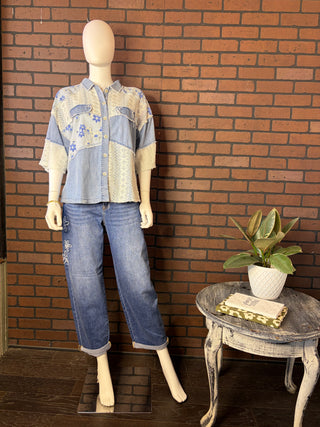 Light Denim Multi Printed Lace Blocked Button Front Shirt