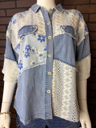 Light Denim Multi Printed Lace Blocked Button Front Shirt