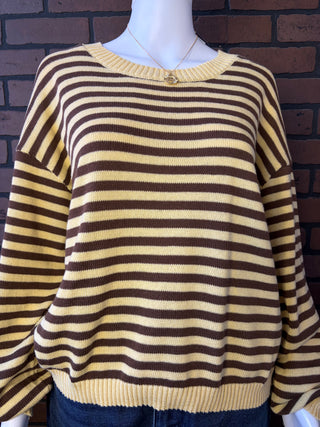 Blu Pepper Yellow Stripe Relaxed Back Button Detail Knit Sweater