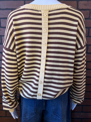 Blu Pepper Yellow Stripe Relaxed Back Button Detail Knit Sweater