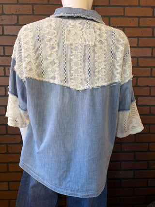 Light Denim Multi Printed Lace Blocked Button Front Shirt
