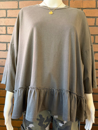 Easel Black 3/4 Sleeve Ruffle Bottom Mineral Washed Shirt