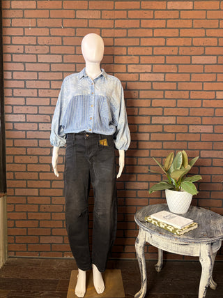 Risen Washed Black MR Barrel Patch Pocket Jeans