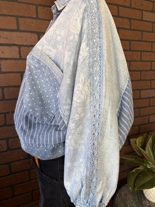 Easel Ice Denim Mixed Print Washed Chambray Woven Shirt