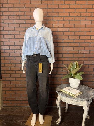 Easel Ice Denim Mixed Print Washed Chambray Woven Shirt