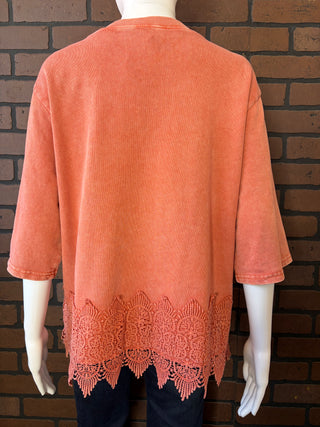 Easel Brick Washed Lace Bottom Boxy Knit Top