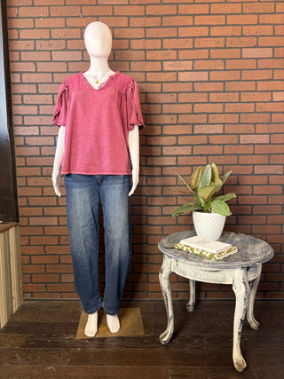 Easel Burgundy Tulip Short Sleeve Washed Knit Top