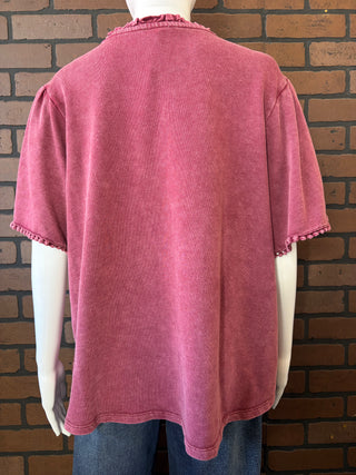 Easel Burgundy Tulip Short Sleeve Washed Knit Top