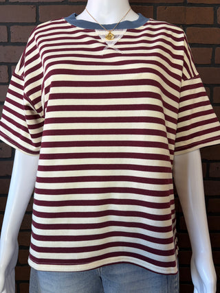 Blu Pepper Burgundy Multi Stripe Colorblock Detail Short Sleeve Knit T-Shirt