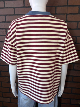 Blu Pepper Burgundy Multi Stripe Colorblock Detail Short Sleeve Knit T-Shirt