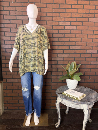 POL Camo V Neck Short Sleeve Top