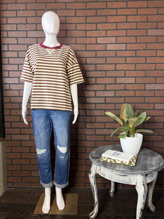 Blu Pepper Dark Brown Stripe Colorblock Detail Short Sleeve Knit T-Shirt