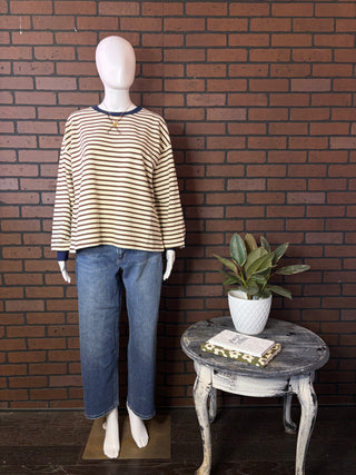 Blu Pepper Brown Stripe Crew Neck V-Stitch Long Sleeve Knit Top